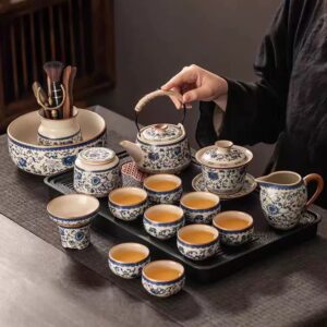 New Blue and White Beige Ru Kiln Kung Fu Tea Set [Xishi Teapot + Gaiwan 16-piece Set] Includes shipping and taxes.